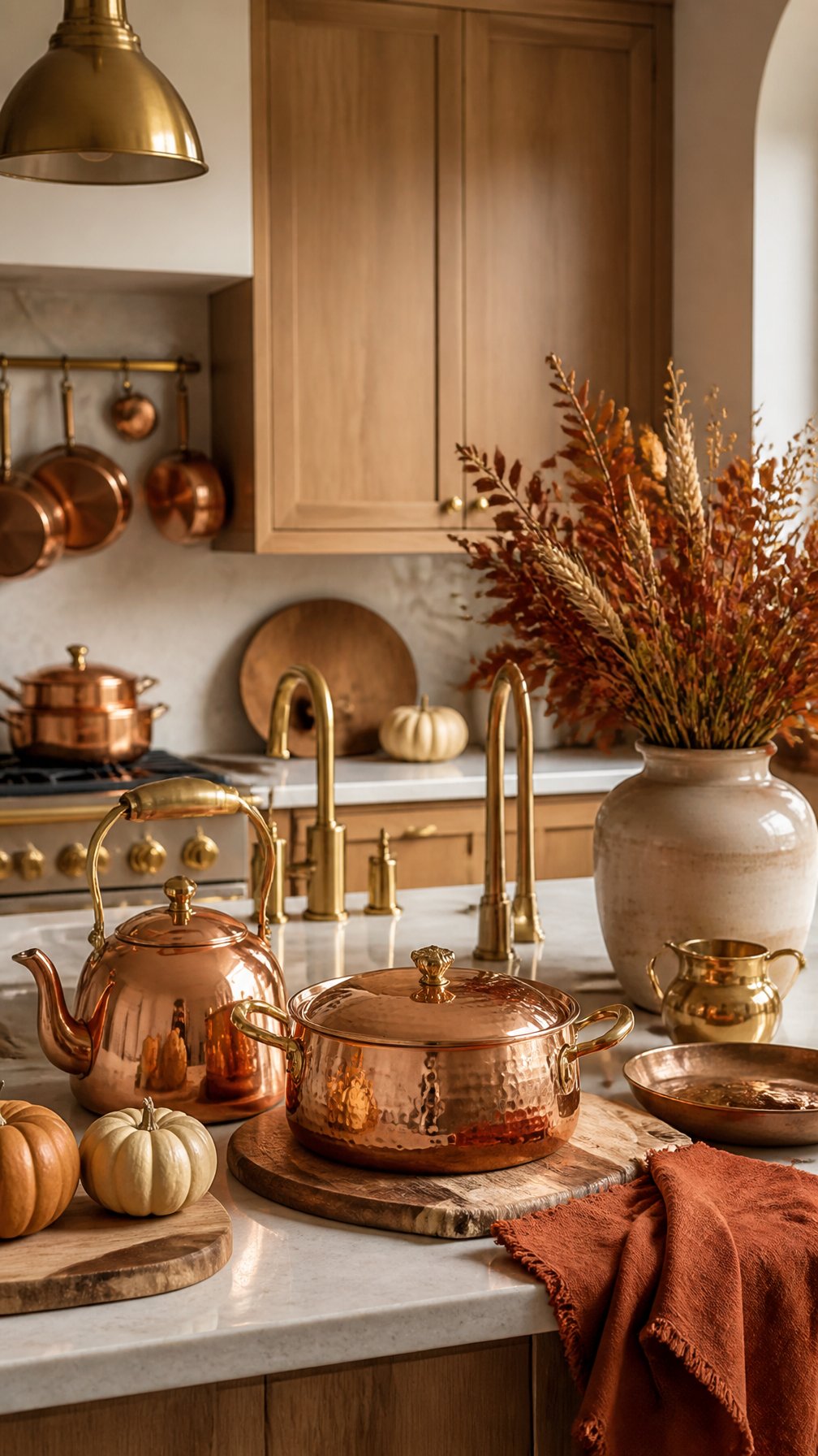 Warm autumn kitchen decorated with brass and copper accents, pumpkins, and dried foliage.