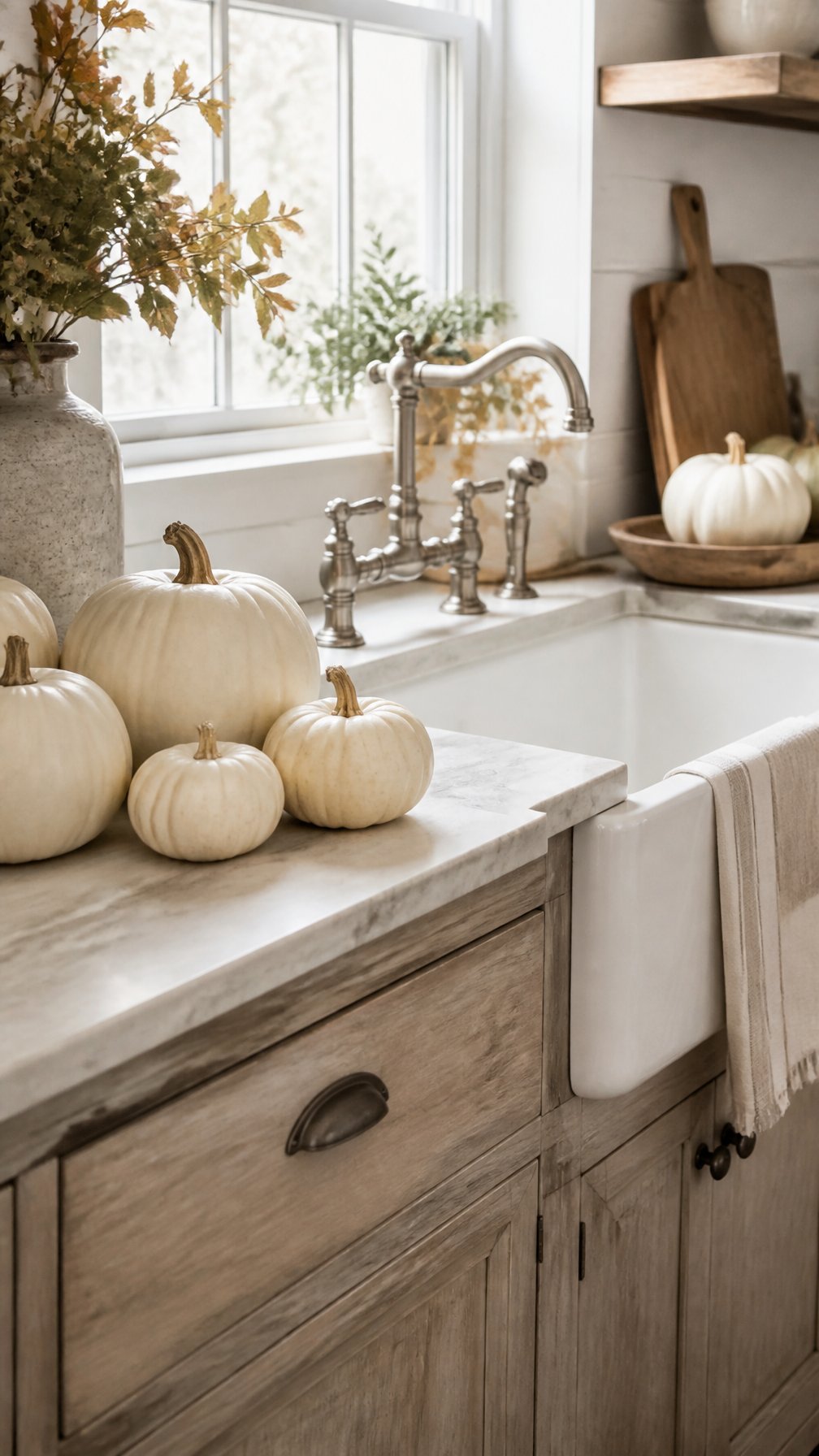 White pumpkins arranged beside a farmhouse kitchen sink.