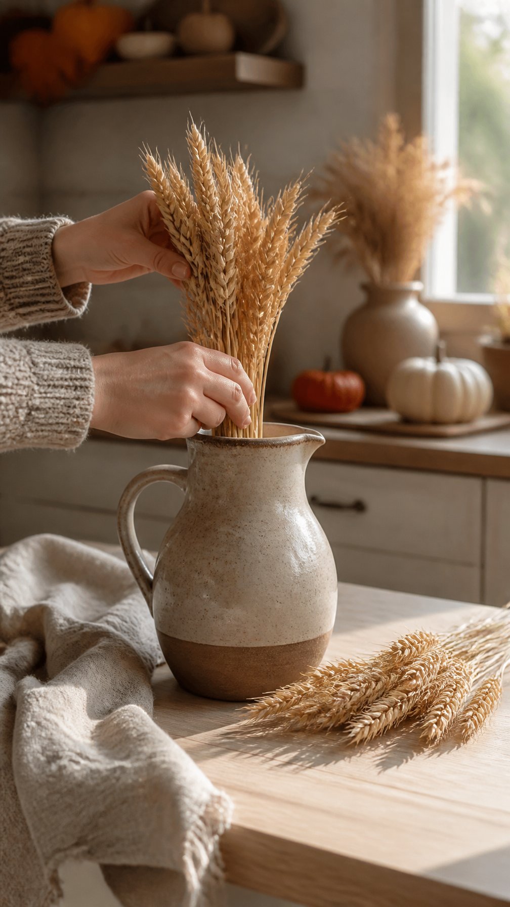 A ceramic pitcher filled with dried wheat stems sits on a kitchen countertop.