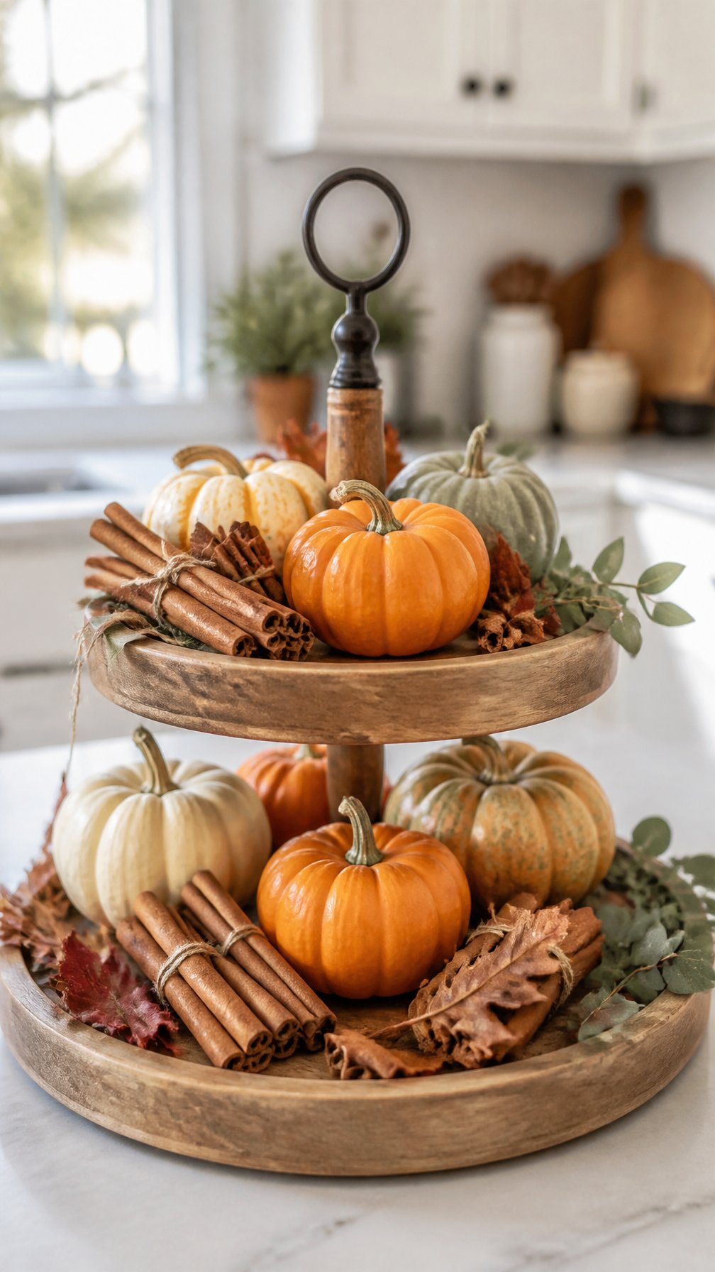 A tiered wooden tray decorated with cinnamon sticks, miniature pumpkins, gourds, and autumn leaves on a kitchen countertop.