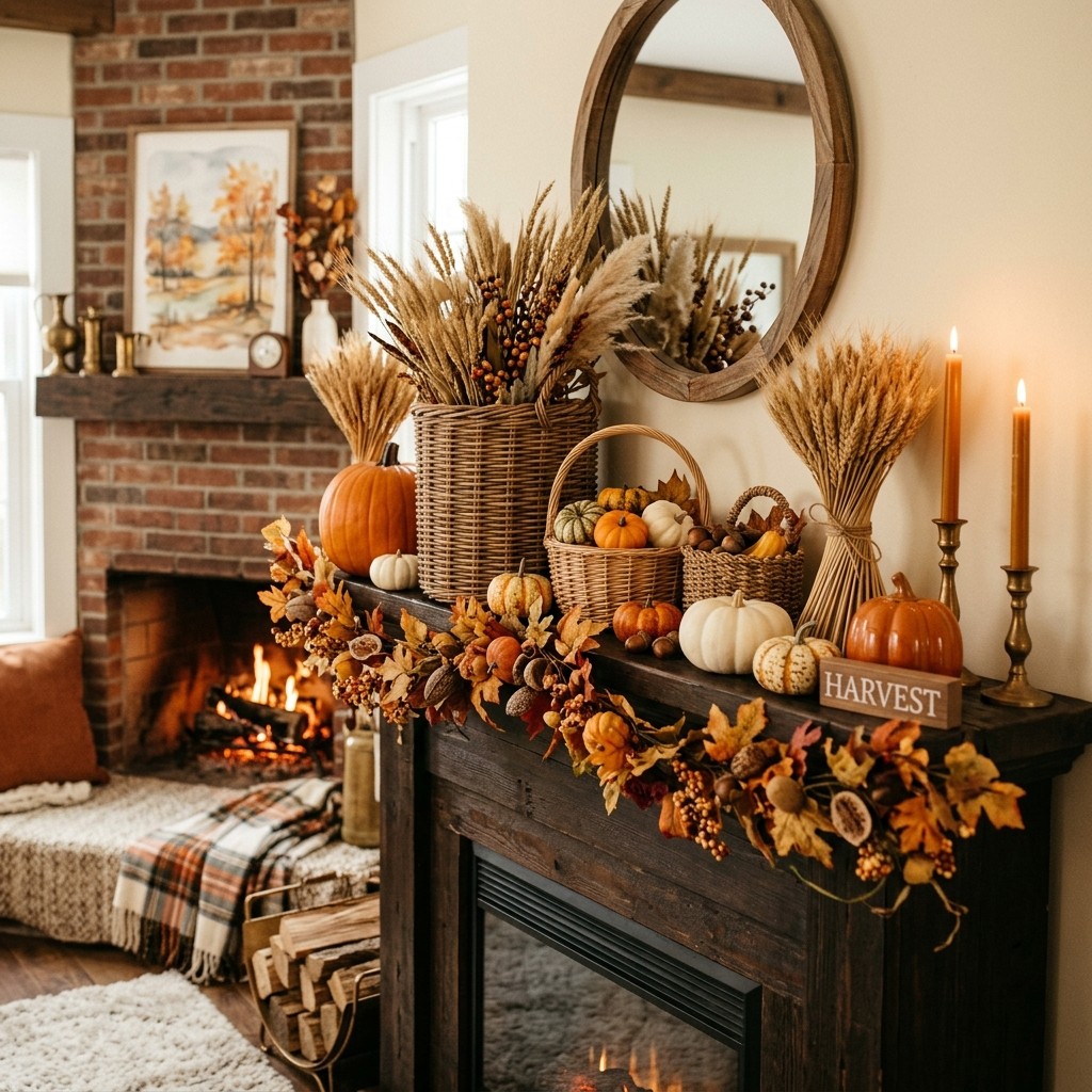 Fall mantel decorated with woven harvest baskets, pumpkins, and dried wheat.