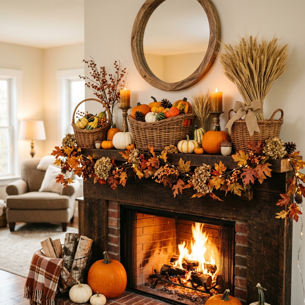Fall mantel decorated with woven harvest baskets, pumpkins, and dried wheat.