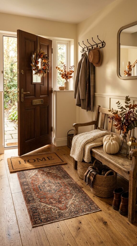 Layered rugs create a warm and welcoming fall entryway.