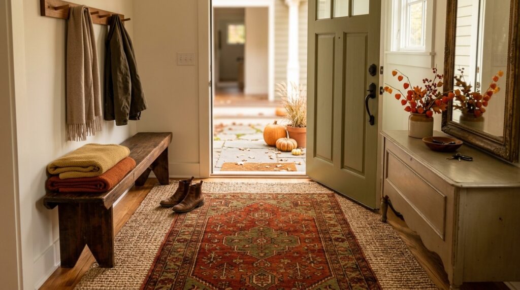 Layered rugs create a warm and welcoming fall entryway.