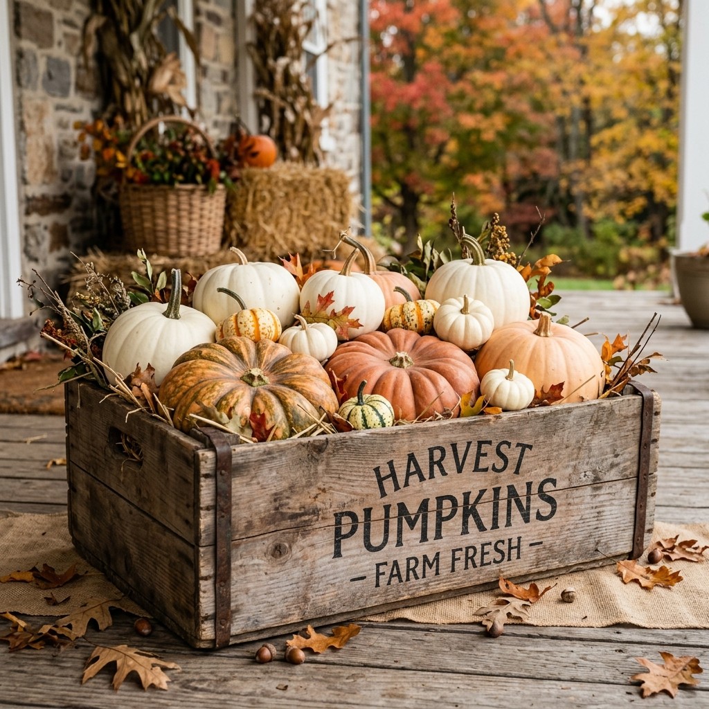 White and heirloom pumpkins arranged in a rustic wooden crate.