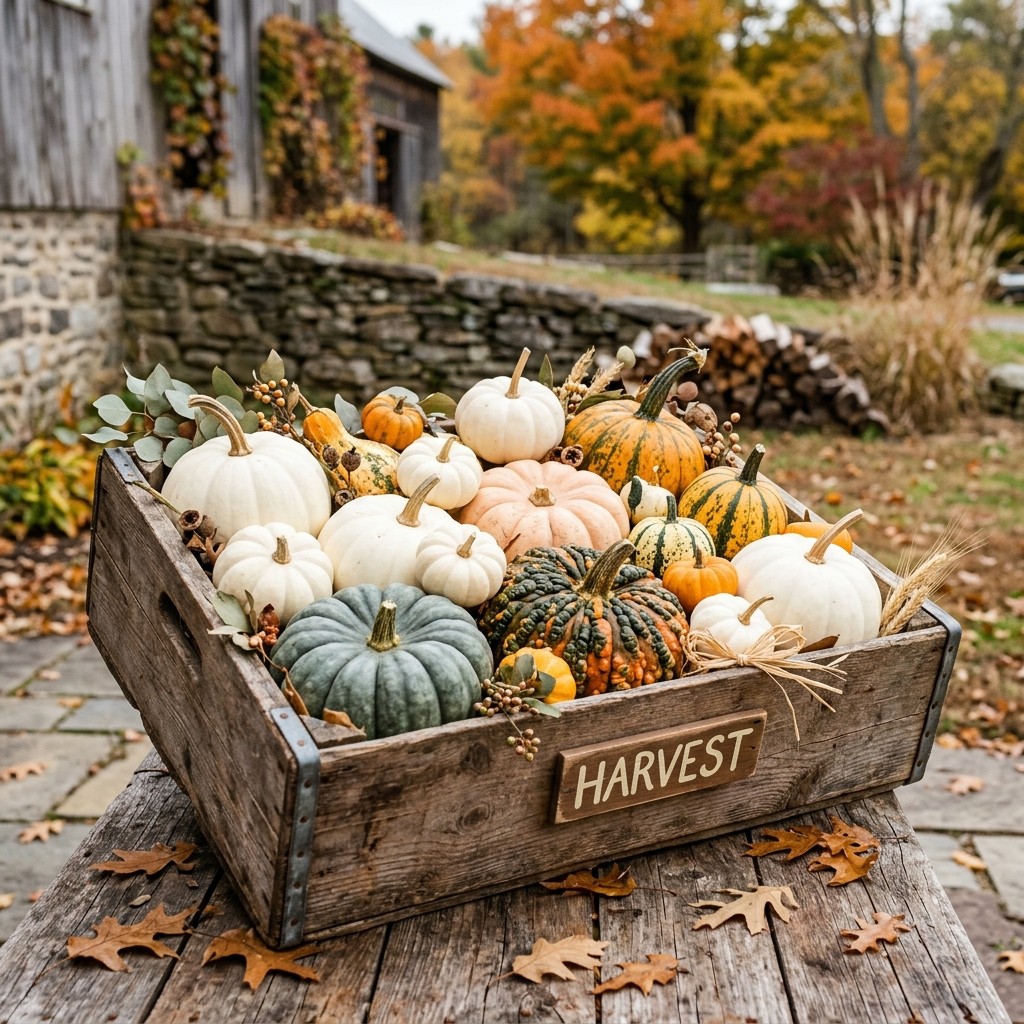 White and heirloom pumpkins arranged in a rustic wooden crate.
