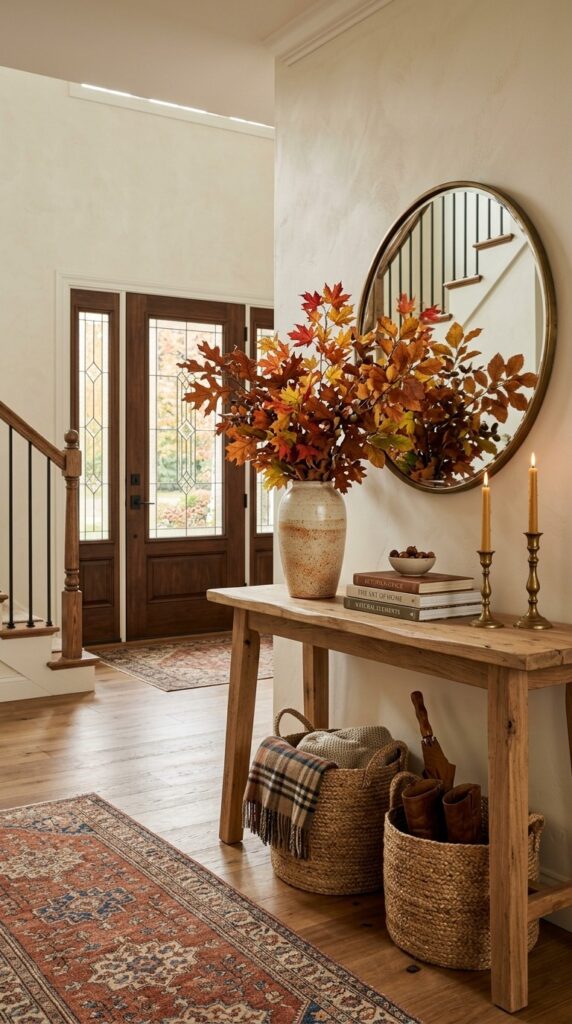 Large autumn branches displayed in a decorative vase inside a fall entryway.
