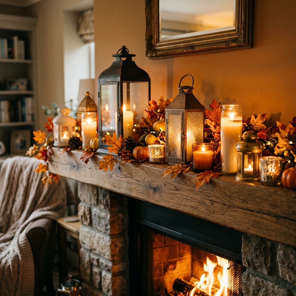 Lanterns and glowing candles arranged on a fall mantel.