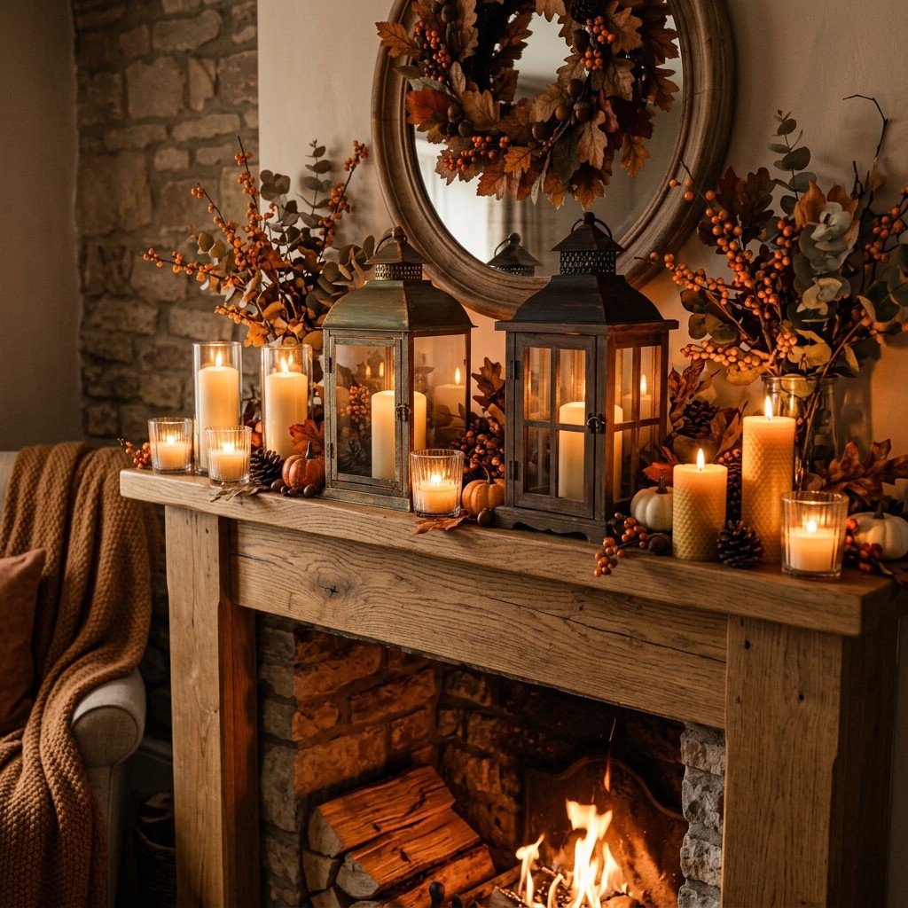 Lanterns and glowing candles arranged on a fall mantel.