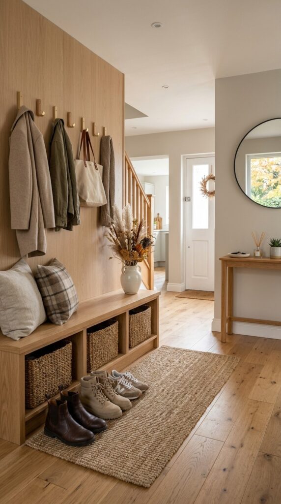 Organized fall entryway with storage bench, baskets, and decorative accents.