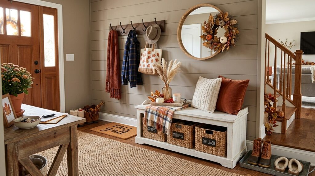 Organized fall entryway with storage bench, baskets, and decorative accents.