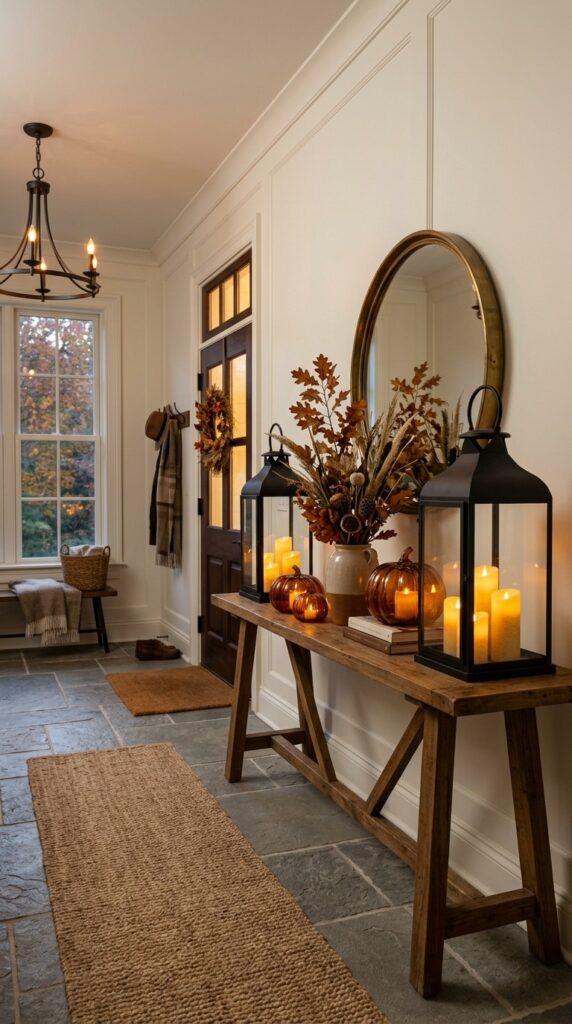 Elegant fall entryway illuminated by lanterns and warm candlelight.
