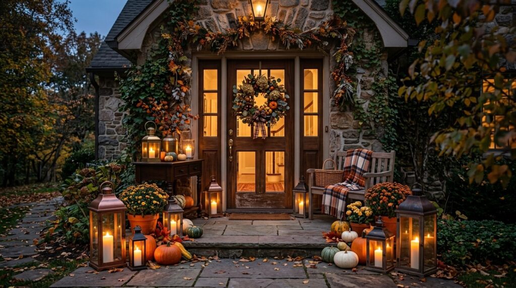 Elegant fall entryway illuminated by lanterns and warm candlelight.