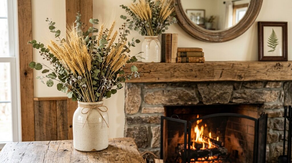 A bundle of dried wheat and eucalyptus arranged in a vase on a rustic fireplace mantel.