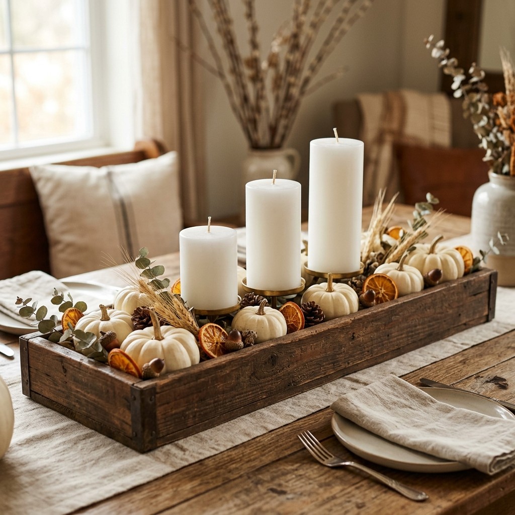 A rustic dining table displaying several handmade autumn centerpieces with pumpkins, leaves, candles, and dried seasonal decorations.