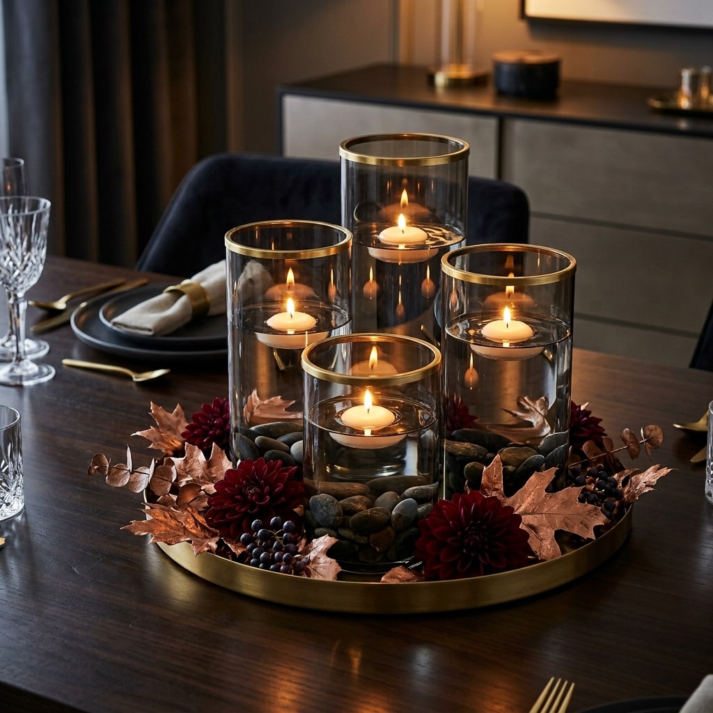 A rustic dining table displaying several handmade autumn centerpieces with pumpkins, leaves, candles, and dried seasonal decorations.