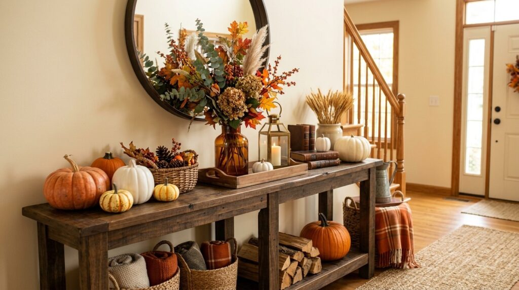 Rustic console table styled with elegant fall decorations and pumpkins.