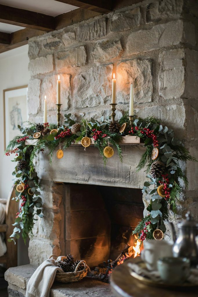 Stone fireplace mantel draped in a full cedar and eucalyptus garland with brass candlesticks and pinecones