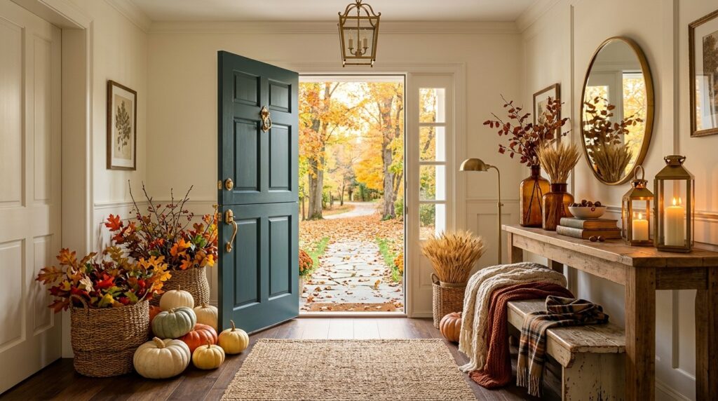 Beautiful fall entryway with pumpkins, lanterns, rustic bench, and warm autumn décor.