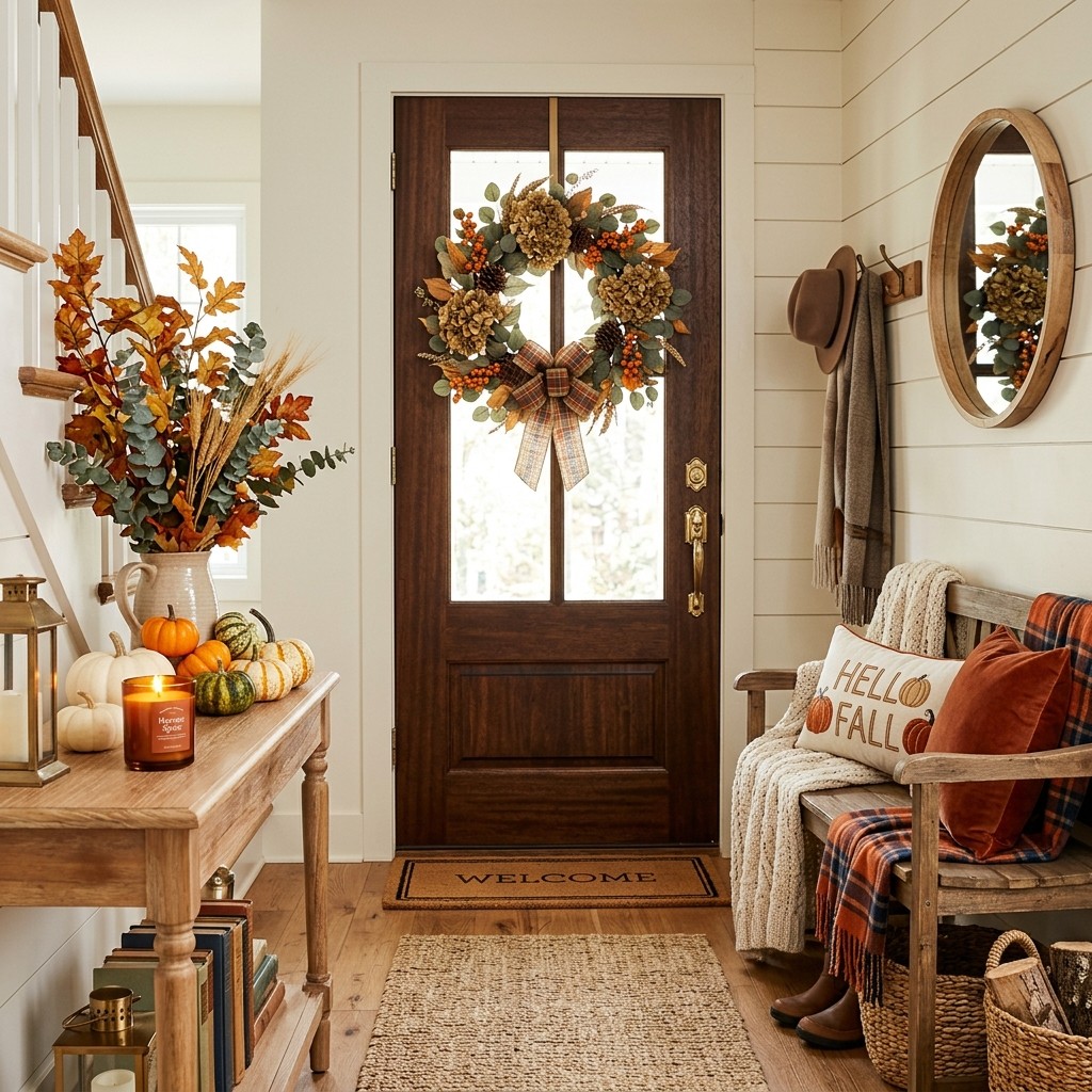 Beautiful fall entryway with pumpkins, lanterns, rustic bench, and warm autumn décor.