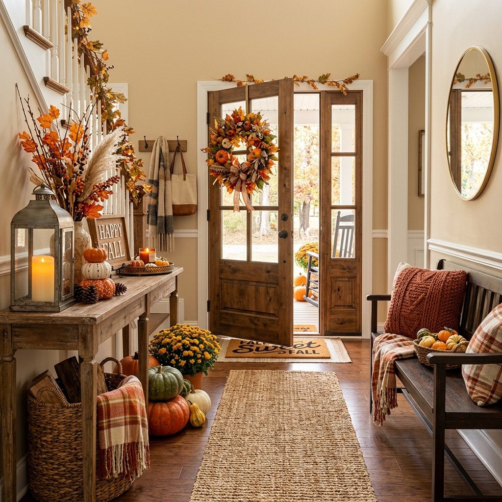 Beautiful fall entryway with pumpkins, lanterns, rustic bench, and warm autumn décor.