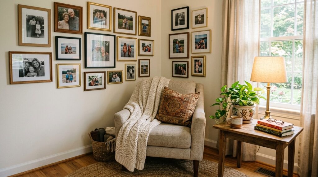 A cozy home corner with a wall display of framed family photos, an accent chair, and a small side table with greenery.