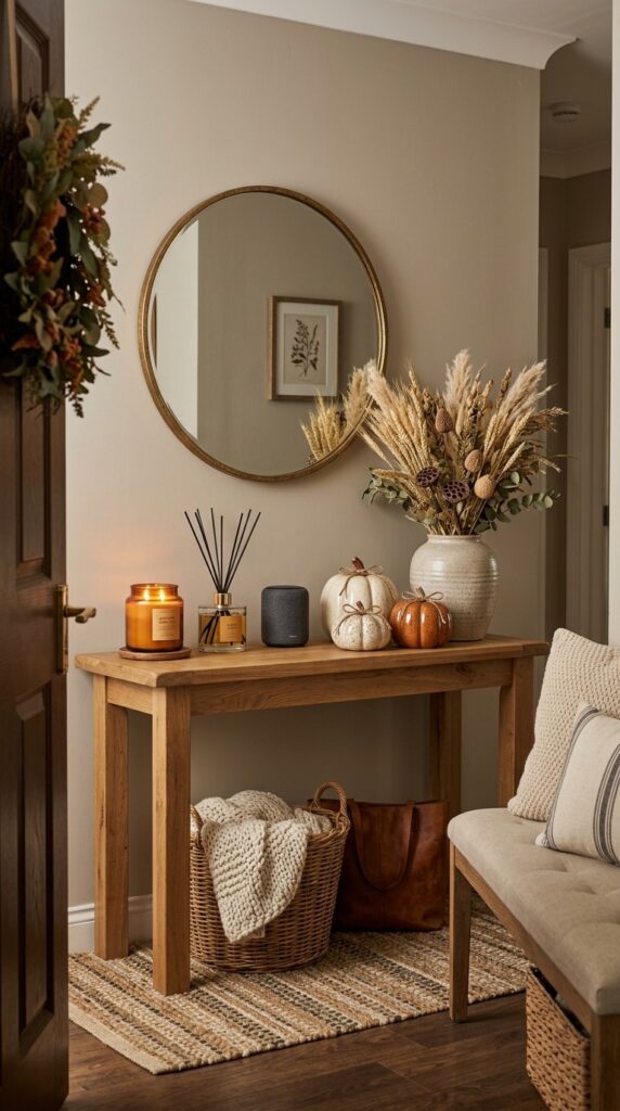 Cozy fall entryway featuring candles, diffuser, and warm seasonal décor.
