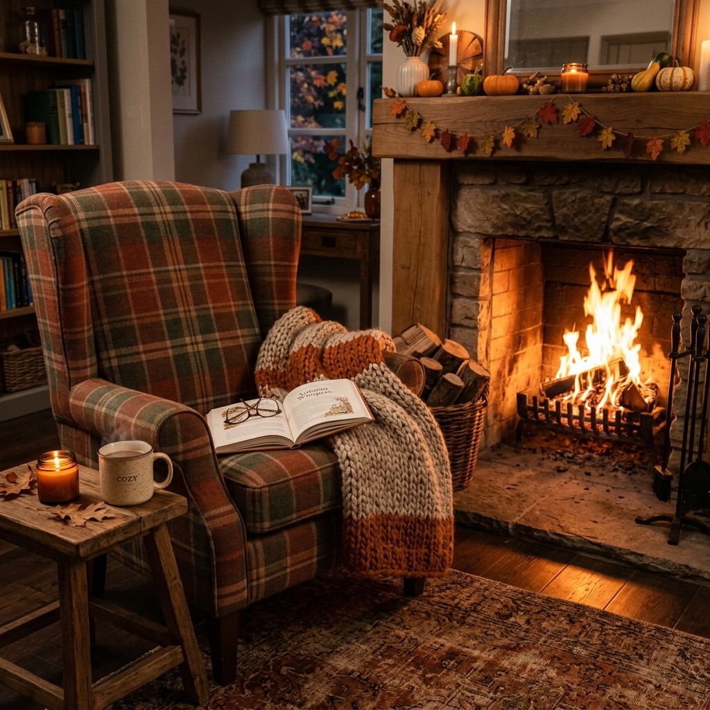 A cozy armchair beside a glowing fireplace with an open book, mug, knitted blanket, and autumn accents.