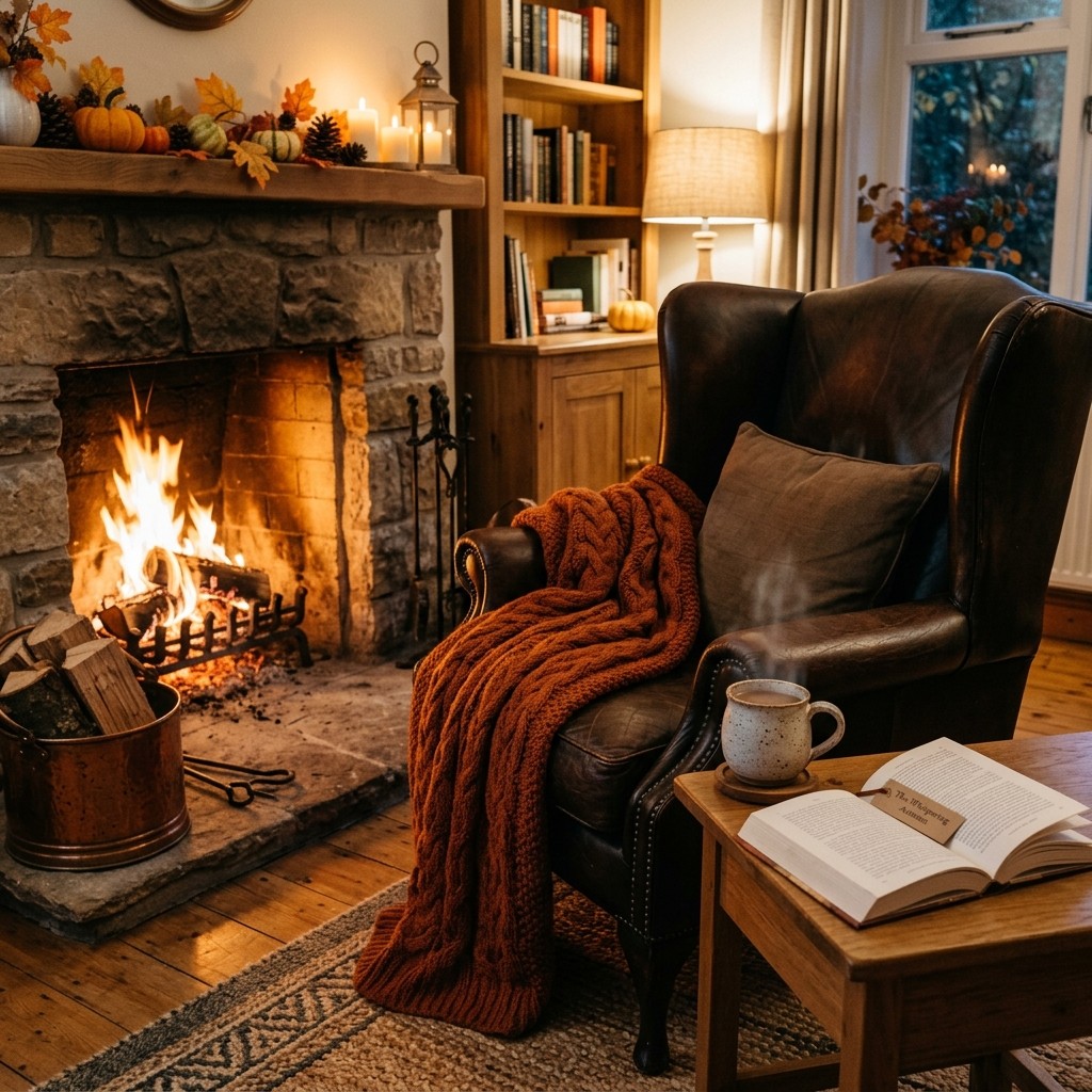A cozy armchair beside a glowing fireplace with an open book, mug, knitted blanket, and autumn accents.