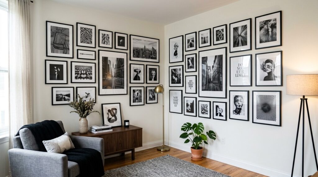 A modern room corner with a black-and-white art gallery arranged across two adjoining walls.