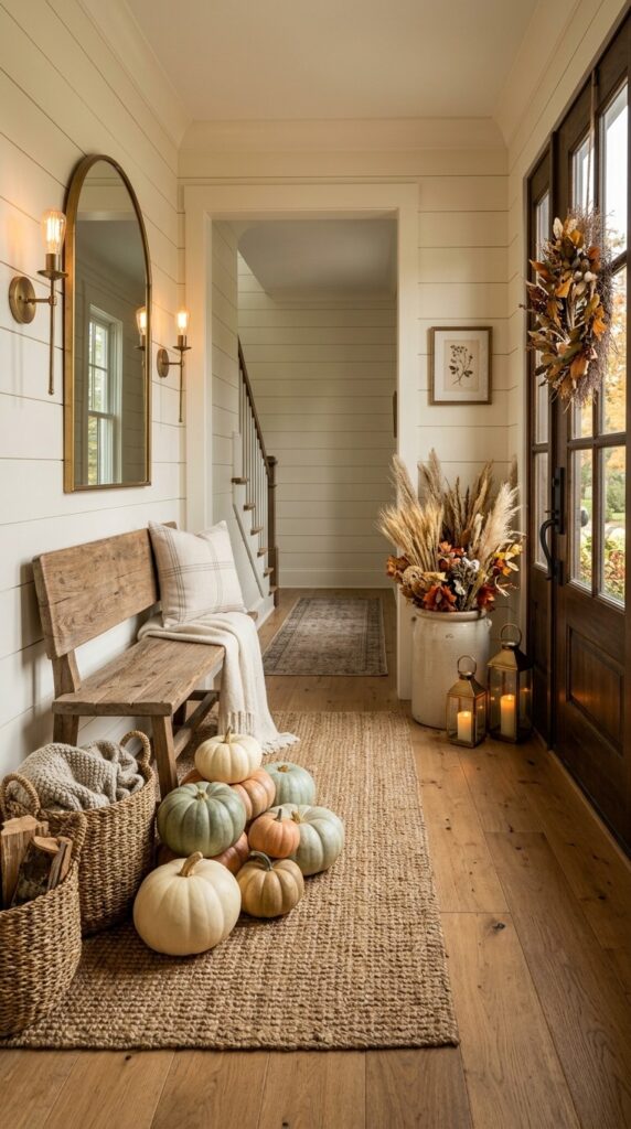 Layered heirloom pumpkins decorate a warm modern farmhouse fall entryway.