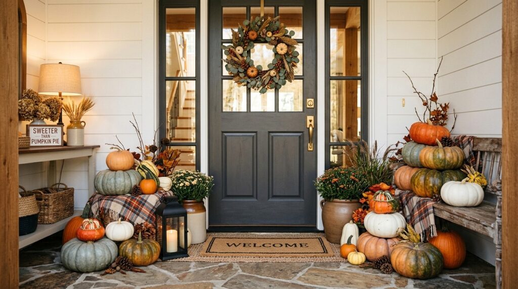 Layered heirloom pumpkins decorate a warm modern farmhouse fall entryway.