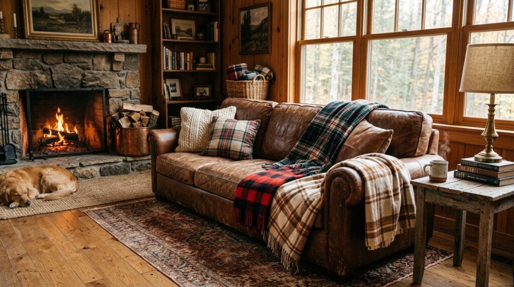 Plaid throw blankets are layered over a worn brown leather sofa in a cozy rustic living room.