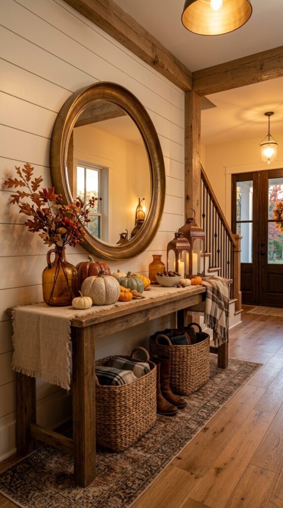 Warm brass and copper accents decorate a stylish fall entryway.