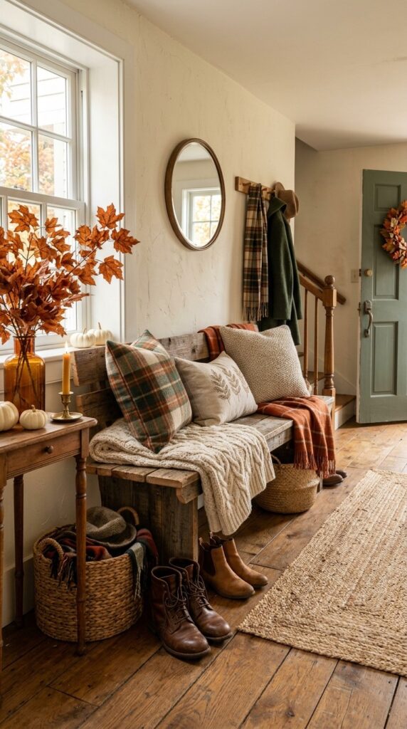 A cozy cottage-inspired fall entryway featuring a reclaimed wood bench layered with chunky knit blankets, plaid pillows, leather boots underneath, woven storage baskets, amber glass vase filled with dried maple branches, warm wood floors, neutral cream walls, soft window light, editorial magazine photography, realistic, highly detailed, inviting autumn mood, 8K.