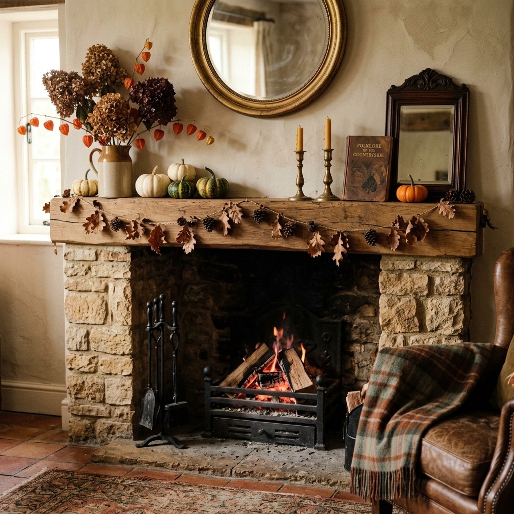 European cottage fireplace mantel with vintage autumn styling.