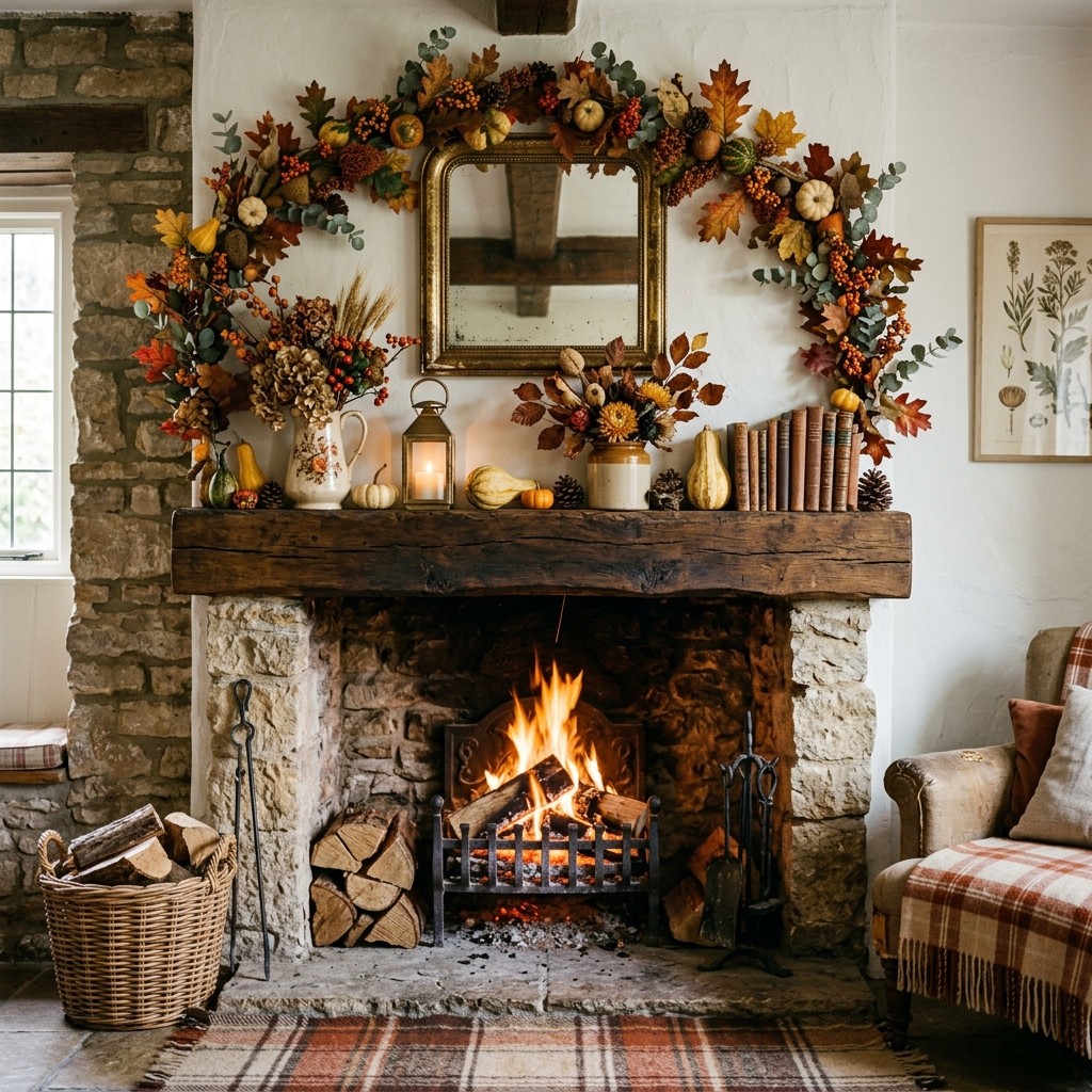 European cottage fireplace mantel with vintage autumn styling.