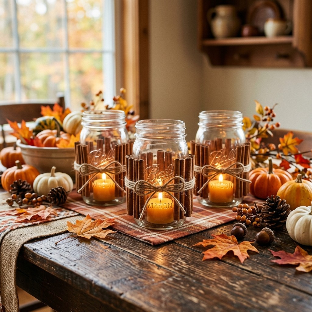 Mason jar candleholders wrapped with cinnamon sticks and twine on a rustic wooden table with autumn decorations.