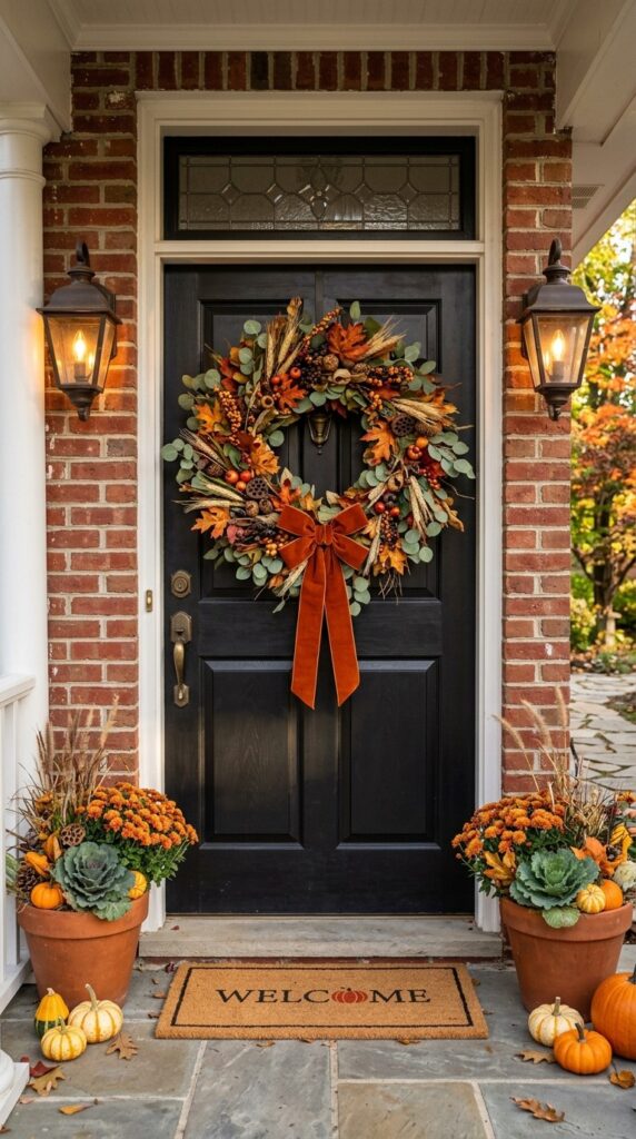 Oversized autumn wreath decorating a classic black front door.