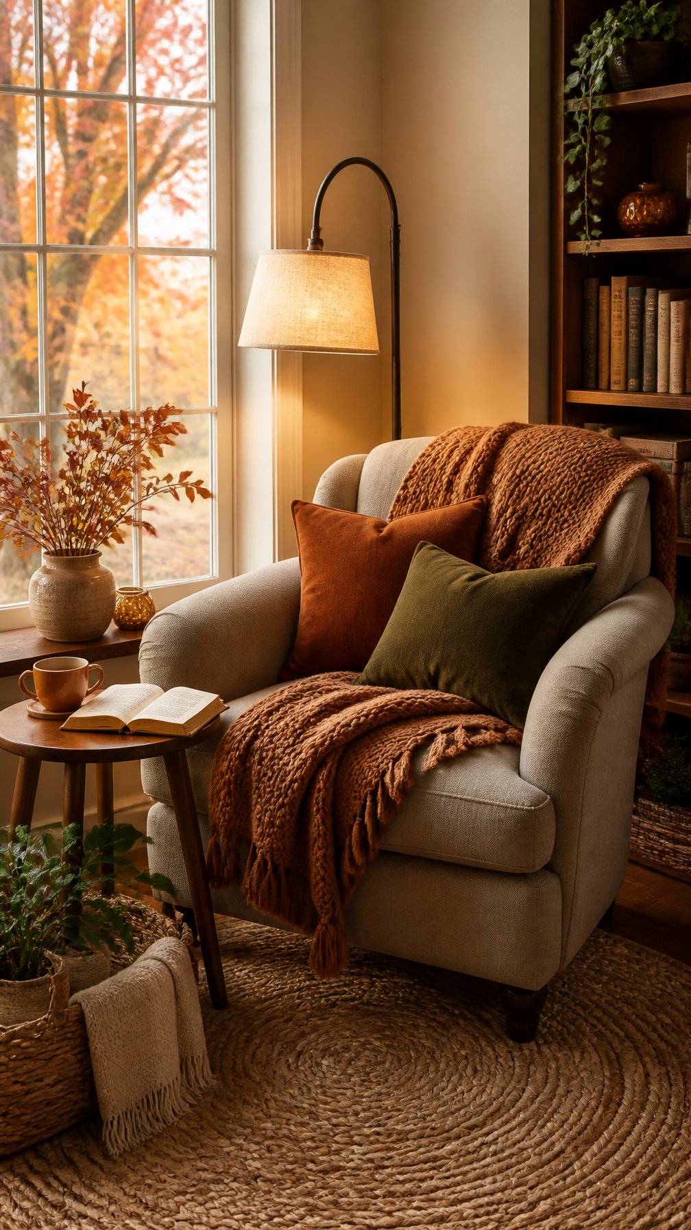 A warm fall reading nook with a cushioned armchair, blanket, books, tea, and a floor lamp beside a window.