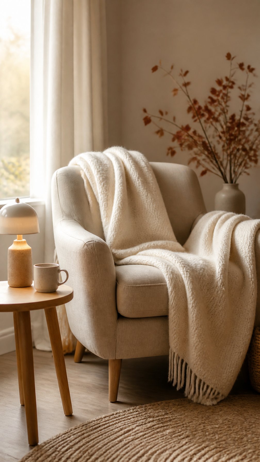 A minimalist reading nook with an armchair, a soft wool blanket, a small side table, and warm natural light.