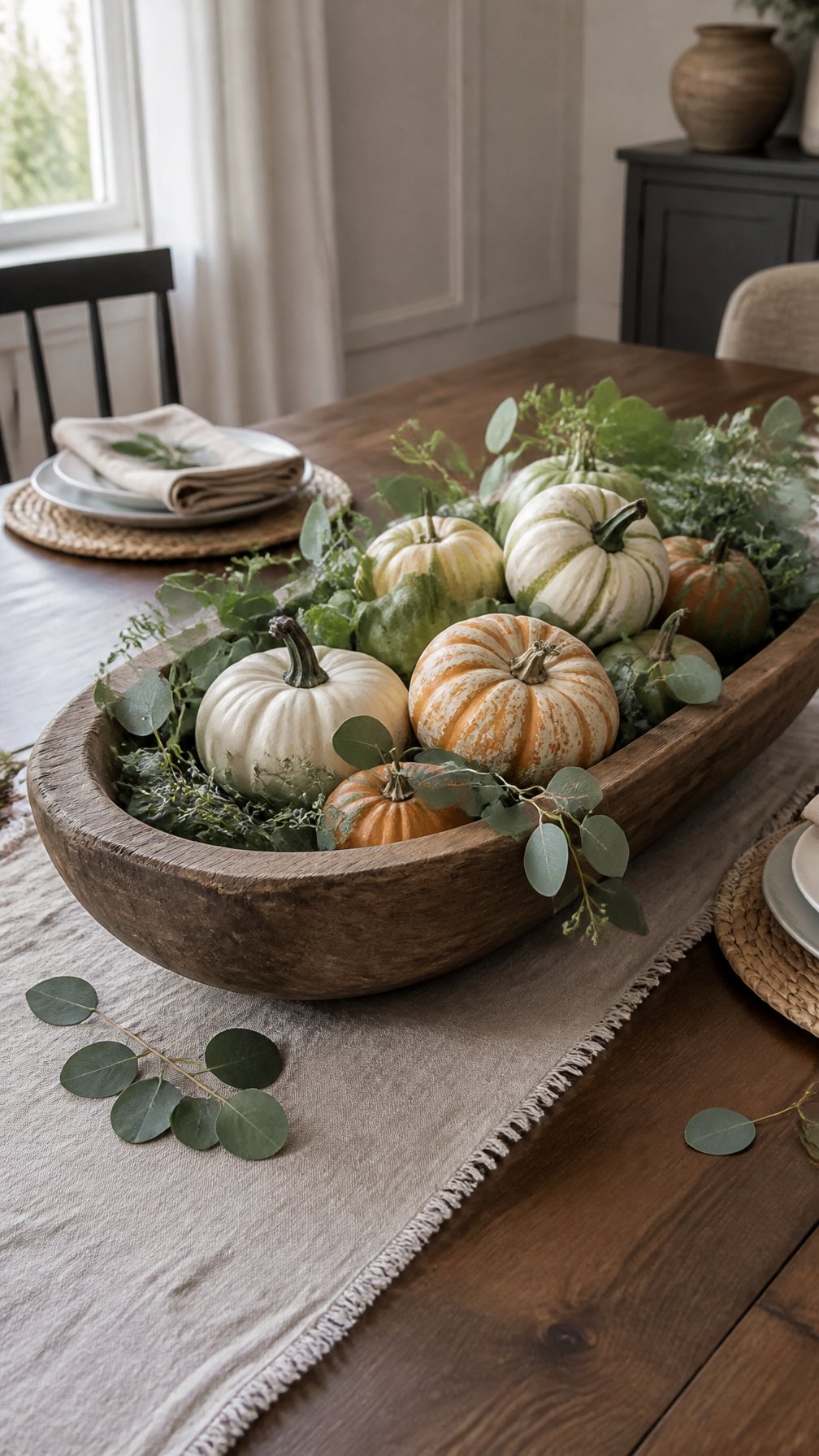 A wooden dough bowl filled with small pumpkins, gourds, and eucalyptus branches on a fall dining table.