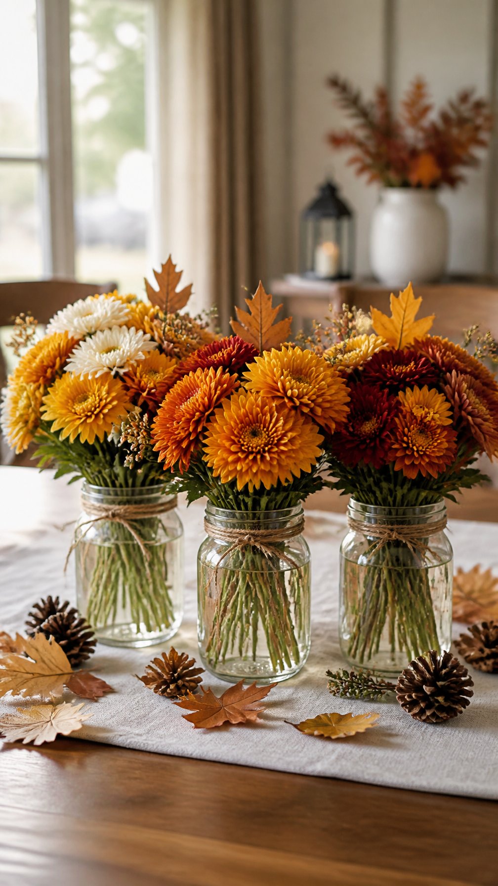Three mason jars filled with colorful chrysanthemums arranged as a fall table centerpiece.