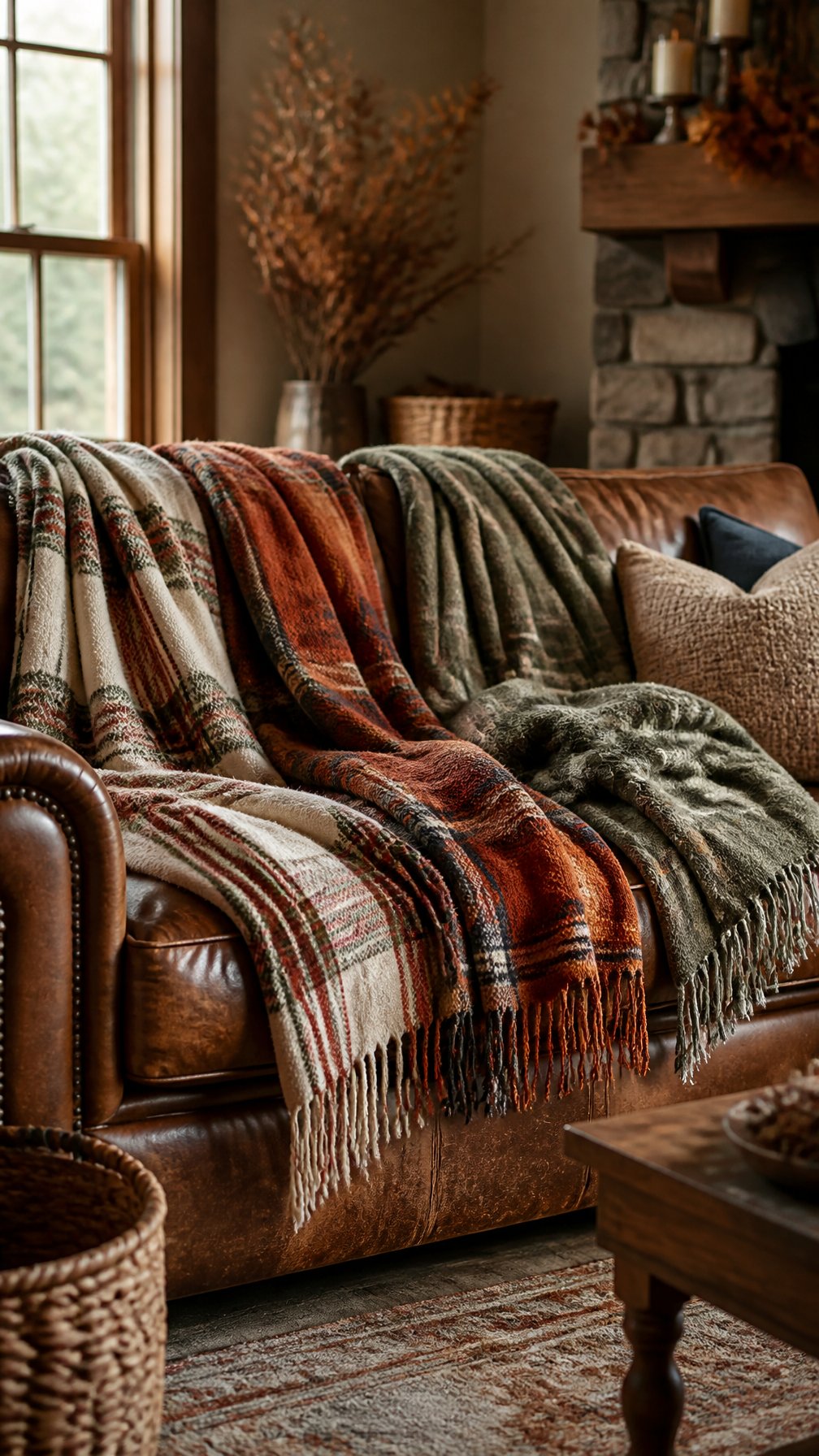 Plaid throw blankets are layered over a worn brown leather sofa in a cozy rustic living room.