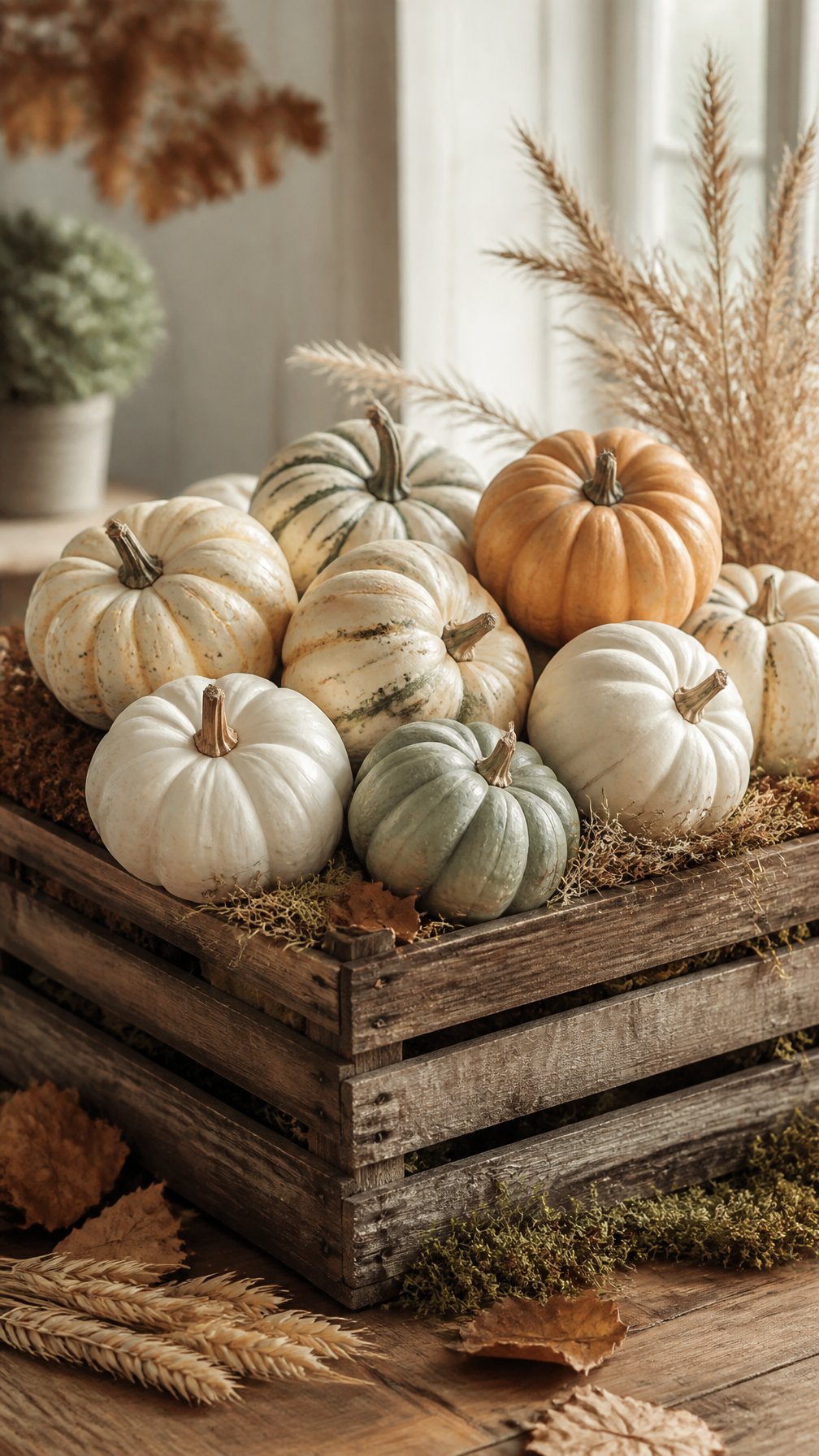 White and heirloom pumpkins arranged in a rustic wooden crate.