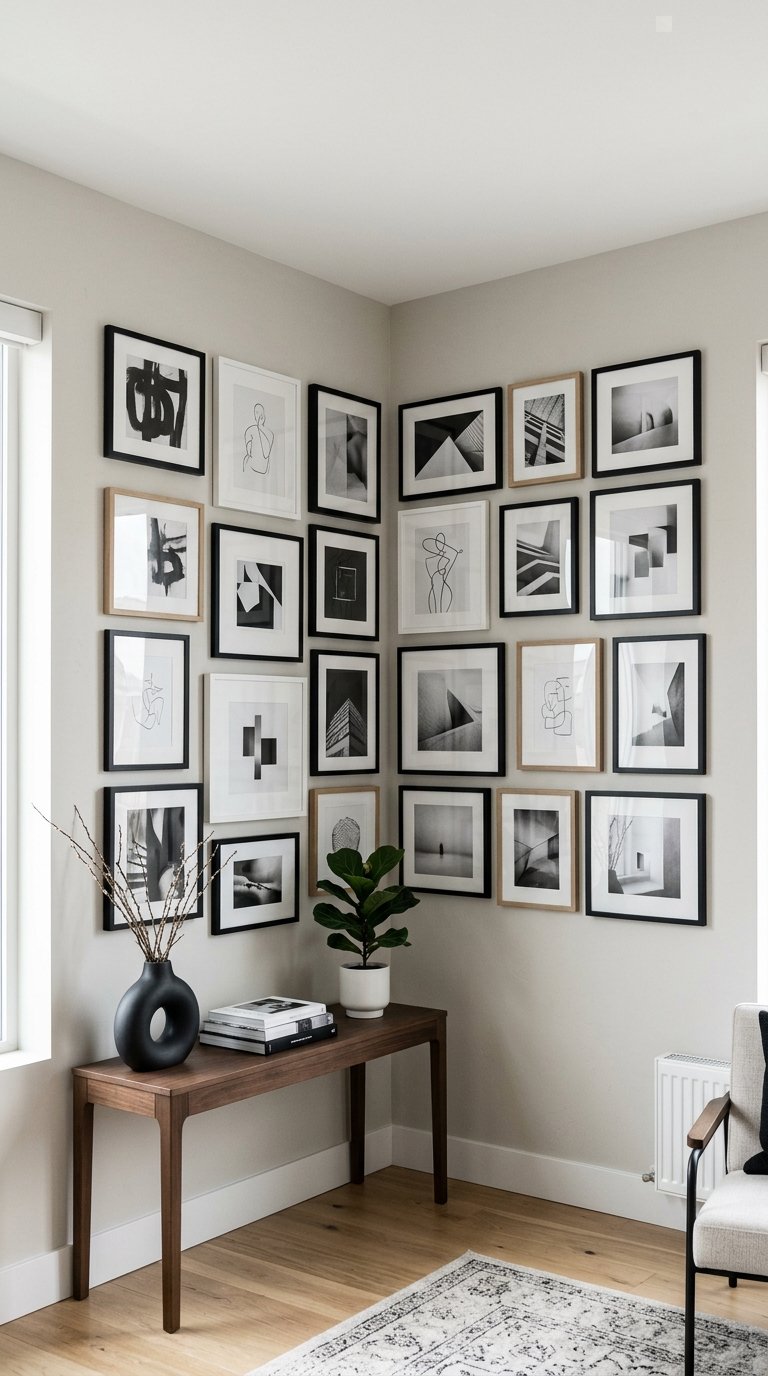 A modern room corner with a black-and-white art gallery arranged across two adjoining walls.