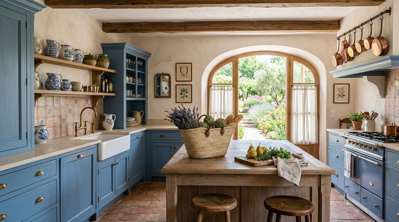 Blue French country kitchen with dusty blue cabinets, rustic wood island and vintage brass accents