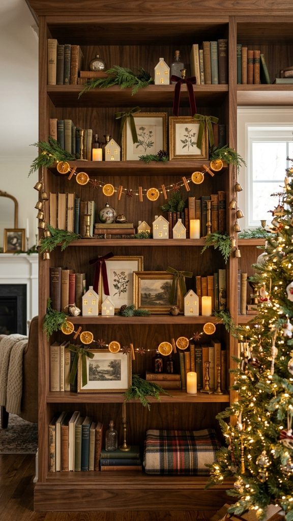 Christmas bookshelves decorated with cedar, vintage books, brass bells, ceramic houses and warm miniature lights.