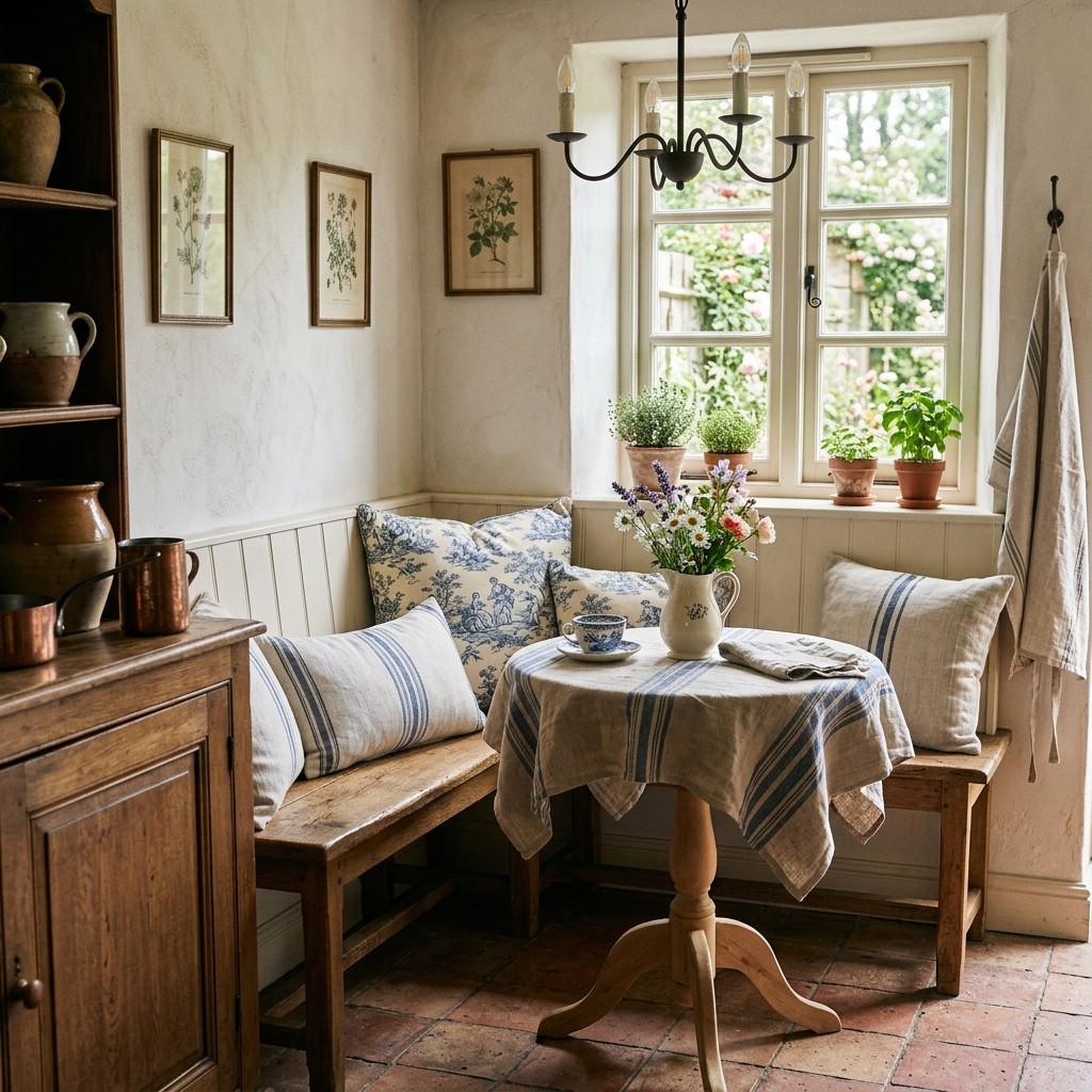 Blue toile cushions and striped linen add soft pattern to a French country kitchen breakfast nook