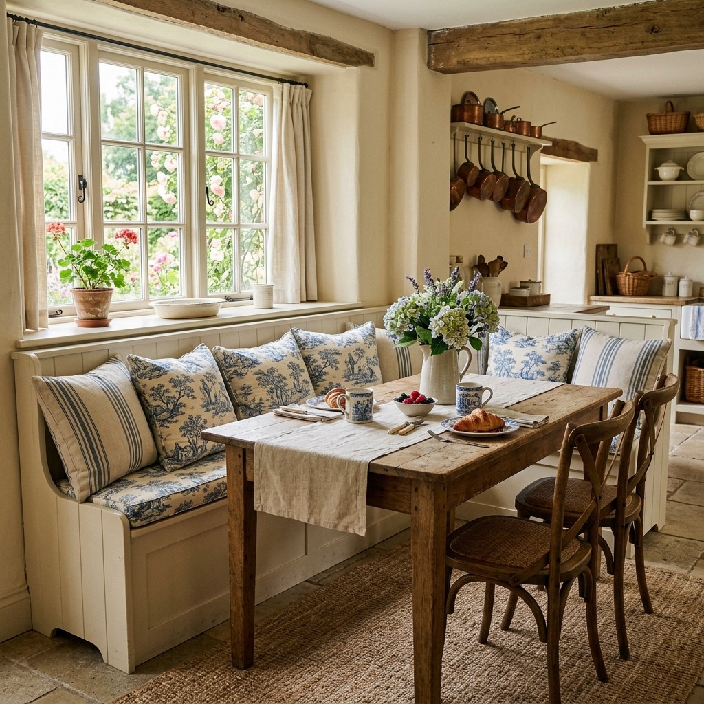 Blue toile cushions and striped linen add soft pattern to a French country kitchen breakfast nook
